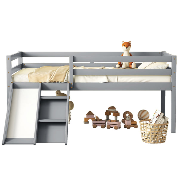 Twin Low Loft Bed with Slide, Ladder, Safety Guardrails, No Box Spring Needed,Grey