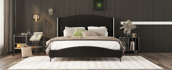 Queen Size PU Leather Upholstered Platform Bed, Headboard with Wingback and Metal Bar Accents, No Box Spring Required, Black