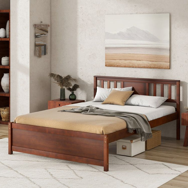 Wooden Platform Bed with Headboard and Wood Slat Support