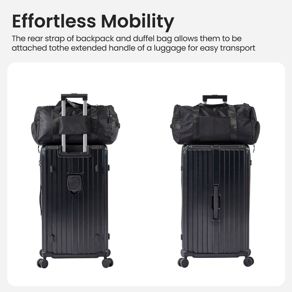 Luggage Set 4 pcs (20"/24"/29"/Travel Bag), PC+ABS Durable Lightweight Luggage with Collapsible Cup Holder, 360° Silent Spinner Wheels, TSA Lock, Black