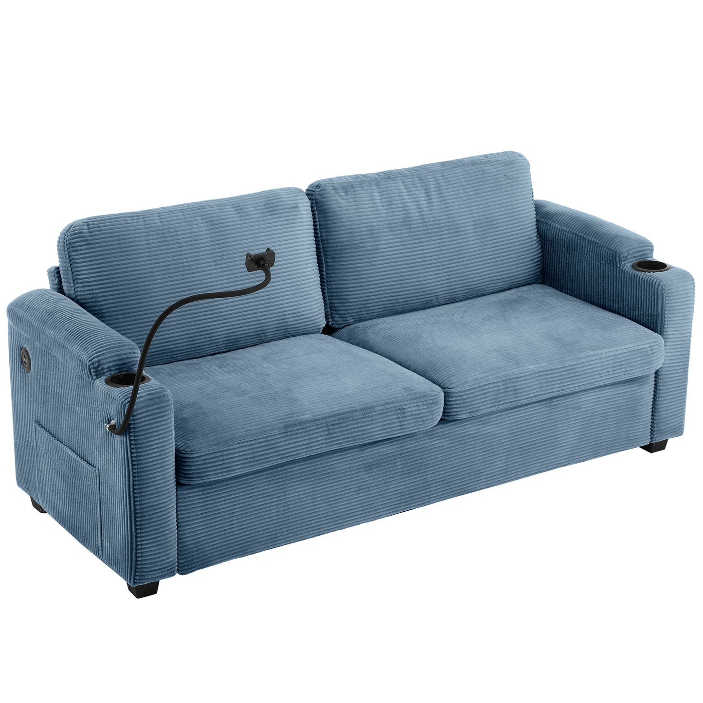 72.8" Corduroy Sleeper Sofa Loveseat Sofa with Full Size Mattress, Two USB Ports, Two Cup Holders, Two Side Pockets and a Phone Holder for Living Room, Navy Blue
