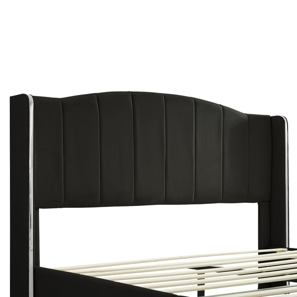 Queen Size PU Leather Upholstered Platform Bed, Headboard with Wingback and Metal Bar Accents, No Box Spring Required, Black