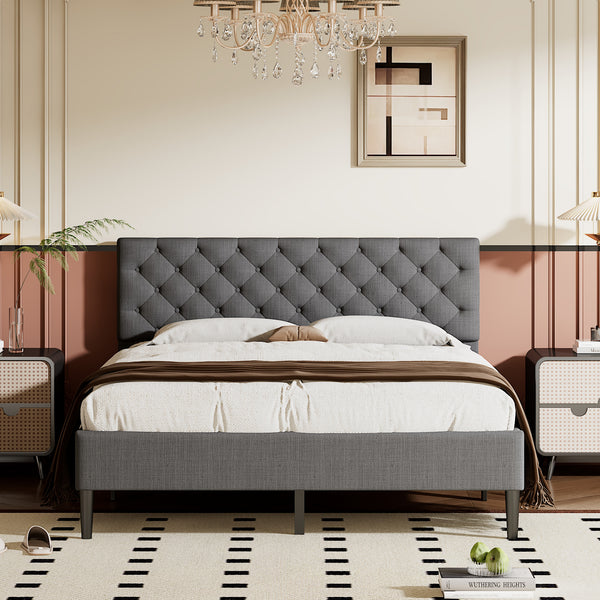 Upholstered Linen Platform Bed, Queen Size