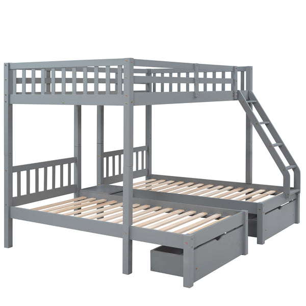 Full Over Twin & Twin Bunk Bed, Wood Triple Bunk Bed with Drawers and Guardrails, Gray (OLD SKU: LP000143AAE)