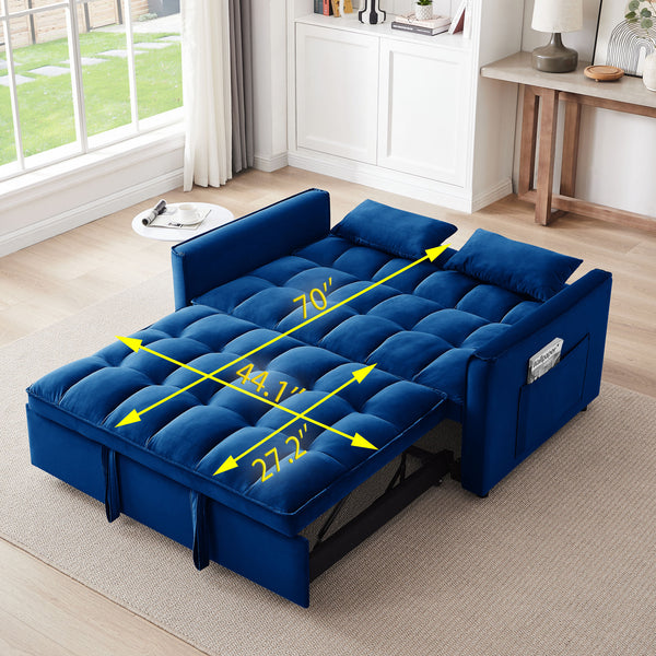 55.1-inch 3-in-1 convertible sofa bed, modern velvet double sofa Futon sofa bed with adjustable back, storage bag and pillow, for living room, bedroom (blue)