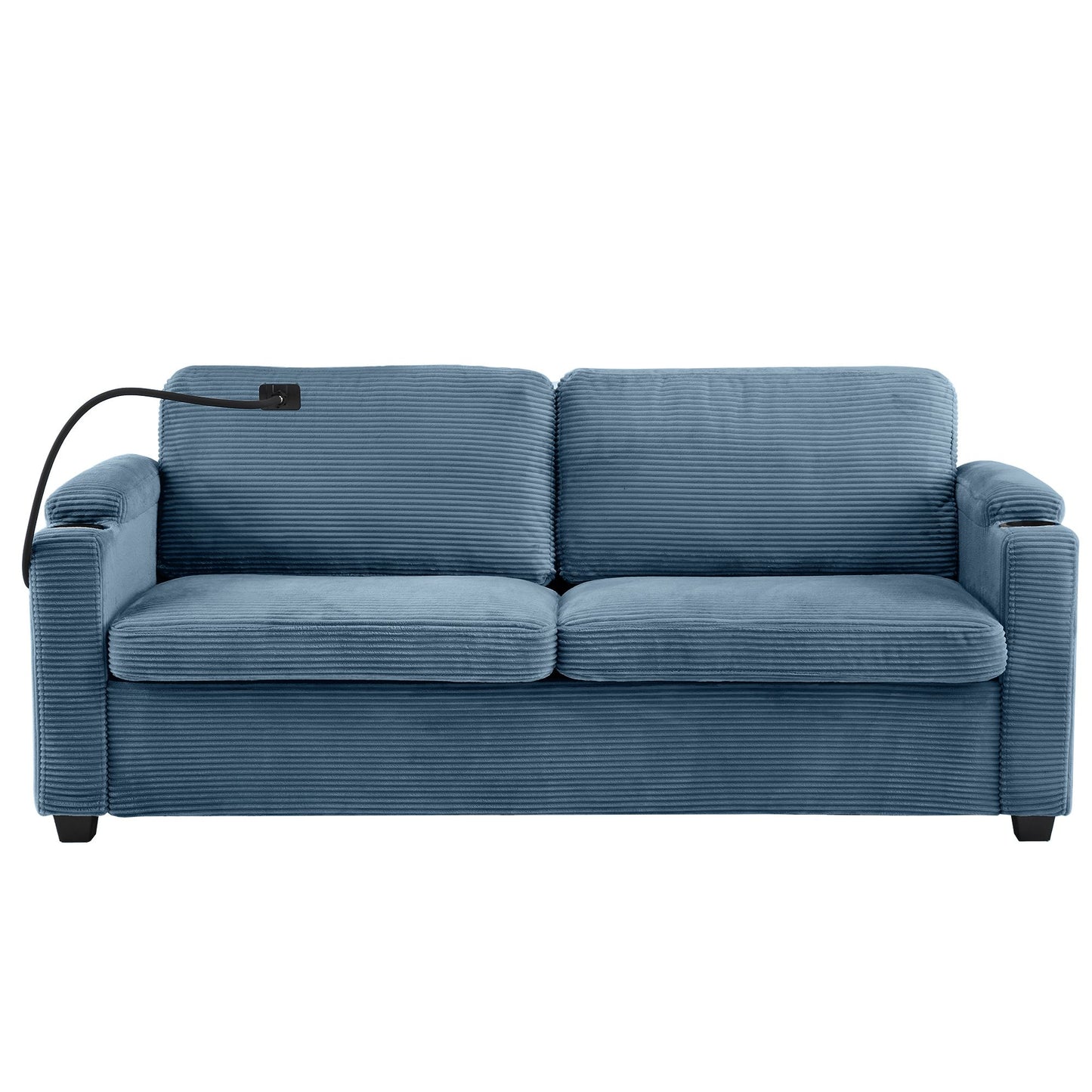 72.8" Corduroy Sleeper Sofa Loveseat Sofa with Full Size Mattress, Two USB Ports, Two Cup Holders, Two Side Pockets and a Phone Holder for Living Room, Navy Blue