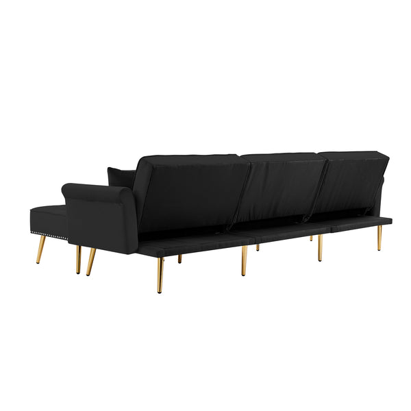 Modern Velvet Upholstered Reversible Sectional Sofa Bed ; L-Shaped Couch with Movable Ottoman and Nailhead Trim For Living Room. (Black)