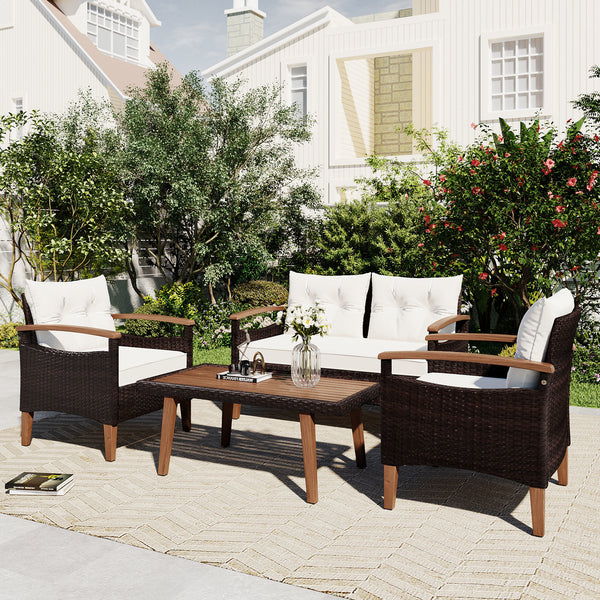 4-Piece Garden Furniture; Patio Seating Set; PE Rattan Outdoor Sofa Set; Wood Table and Legs; Brown and Beige