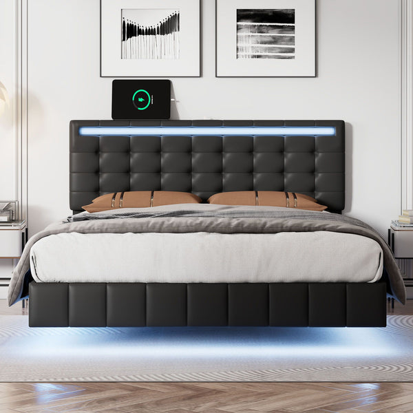 Full Size Floating Bed Frame with LED Lights and USB Charging,Modern Upholstered Platform LED Bed Frame