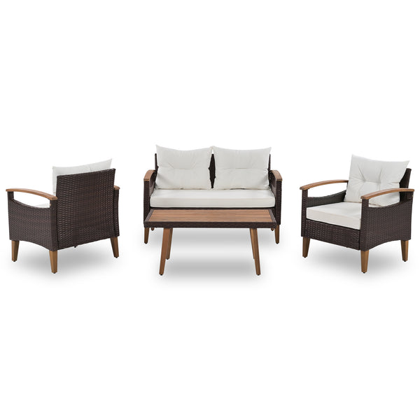 4-Piece Garden Furniture; Patio Seating Set; PE Rattan Outdoor Sofa Set; Wood Table and Legs; Brown and Beige