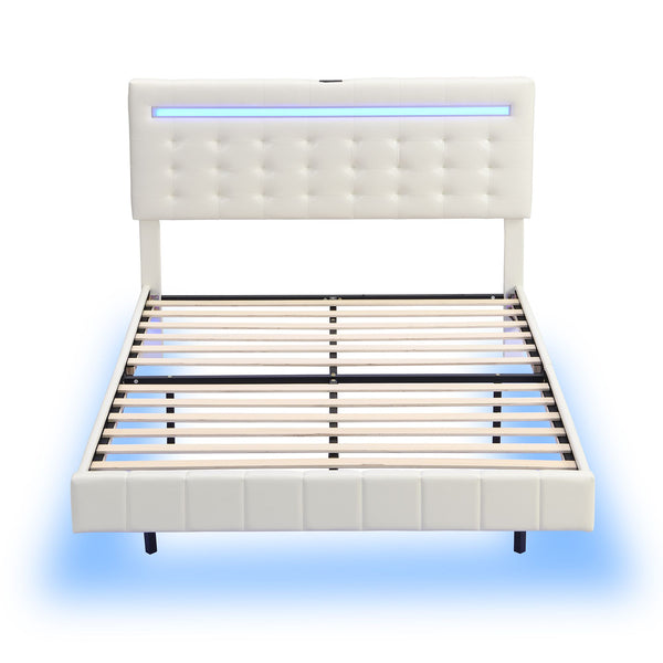 Full Size Floating Bed Frame with LED Lights and USB Charging,Modern Upholstered Platform LED Bed Frame