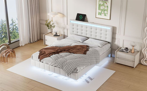 Full Size Floating Bed Frame with LED Lights and USB Charging,Modern Upholstered Platform LED Bed Frame