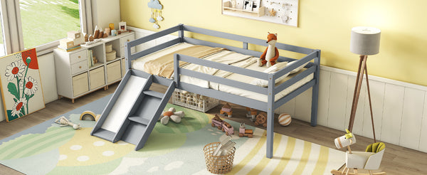 Twin Low Loft Bed with Slide, Ladder, Safety Guardrails, No Box Spring Needed,Grey