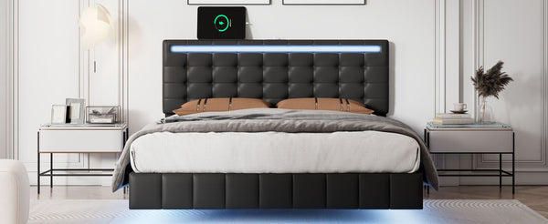 Full Size Floating Bed Frame with LED Lights and USB Charging,Modern Upholstered Platform LED Bed Frame