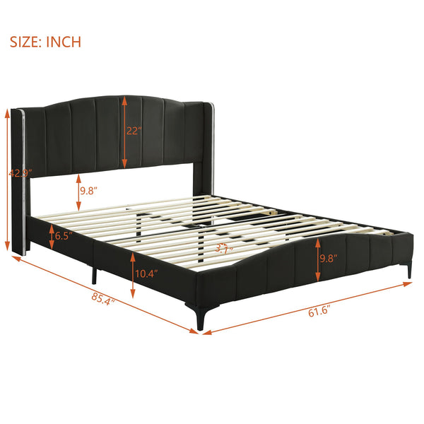 Queen Size PU Leather Upholstered Platform Bed, Headboard with Wingback and Metal Bar Accents, No Box Spring Required, Black