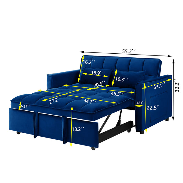 55.1-inch 3-in-1 convertible sofa bed, modern velvet double sofa Futon sofa bed with adjustable back, storage bag and pillow, for living room, bedroom (blue)