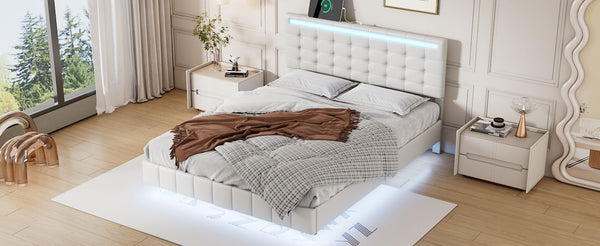 Full Size Floating Bed Frame with LED Lights and USB Charging,Modern Upholstered Platform LED Bed Frame