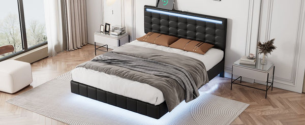 Full Size Floating Bed Frame with LED Lights and USB Charging,Modern Upholstered Platform LED Bed Frame