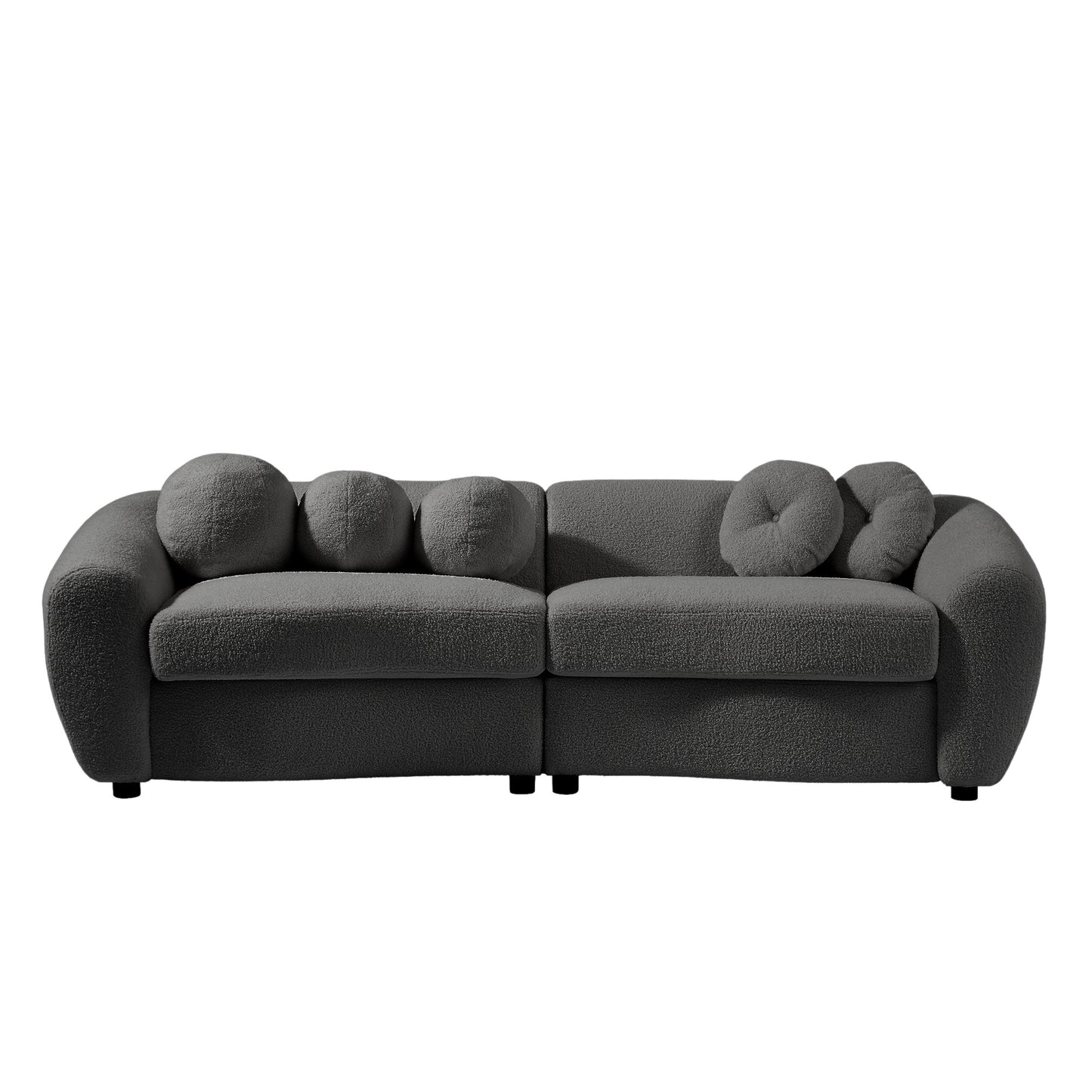 87.7\" Modern Curved Sofa, Back Upholstered Couch with 5 Decorative Throw Pillows, Teddy Fabric Couch for Living Room, Office, Apartment