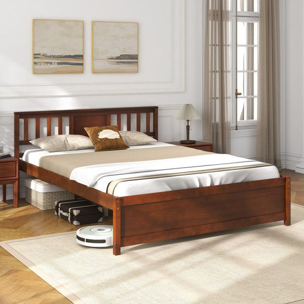 Wooden Platform Bed with Headboard and Wood Slat Support