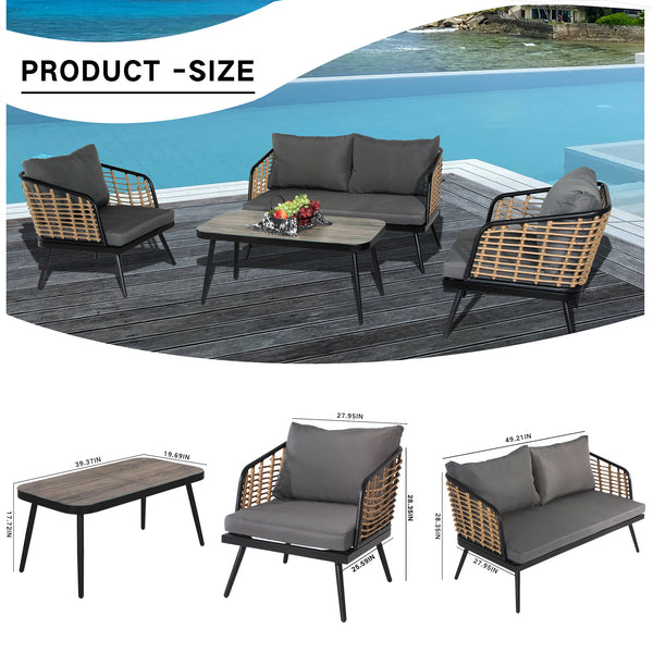 4 Pieces Patio Furniture Set, PE Rattan Wicker 4 Pcs Outdoor Sofa Set w/Washable Cushion and Tempered Glass Tabletop, Conversation Furniture for Garden Poolside Balcony