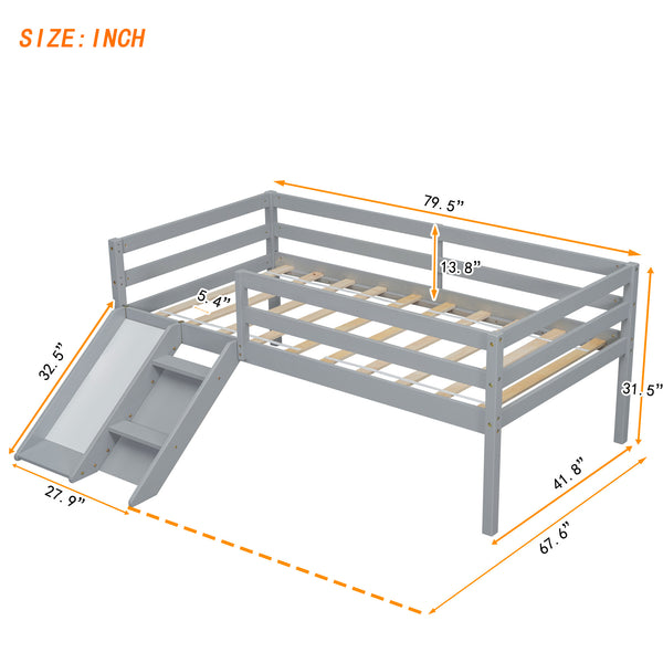 Twin Low Loft Bed with Slide, Ladder, Safety Guardrails, No Box Spring Needed,Grey