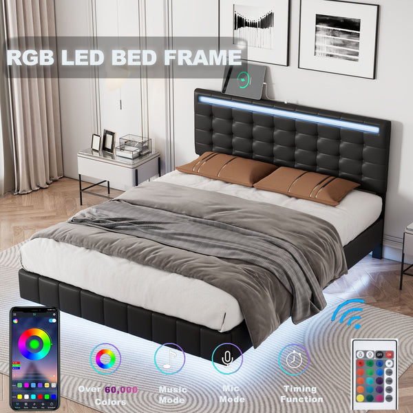 Full Size Floating Bed Frame with LED Lights and USB Charging,Modern Upholstered Platform LED Bed Frame