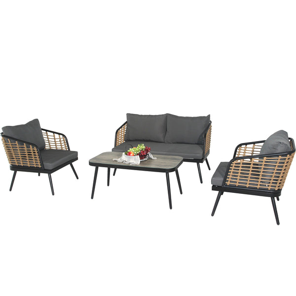 4 Pieces Patio Furniture Set, PE Rattan Wicker 4 Pcs Outdoor Sofa Set w/Washable Cushion and Tempered Glass Tabletop, Conversation Furniture for Garden Poolside Balcony