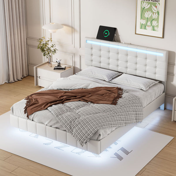 Full Size Floating Bed Frame with LED Lights and USB Charging,Modern Upholstered Platform LED Bed Frame