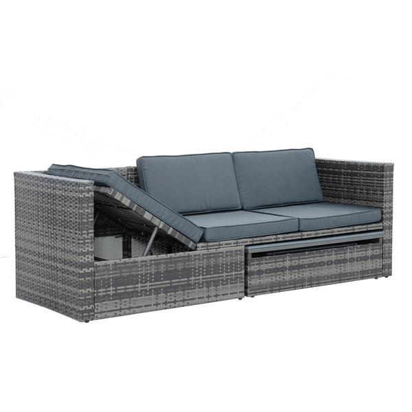 Patio Furniture, Outdoor Furniture, Seasonal PE Wicker Furniture,5 Set Wicker Furniture With Plywood Coffee Table,with lift TOP Coffee Table,with Lounger Sofa