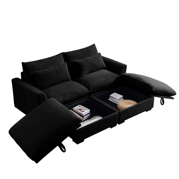 Corduroy Two-Seater Sofa with 2 Storage Footrest,2 Seater Sectional deep seat sofa,Comfy Couches for Living Room,Black Sofa