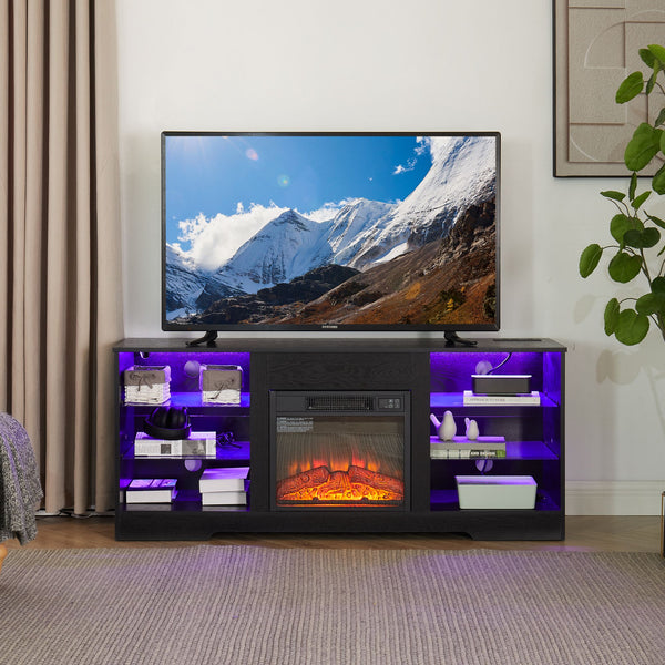 TV Stand Electric Fireplace TV Stand with Glass Shelves, 3D Fireplace TV Stand with LED Lights Wood with USB Charging Outlet Modern Television Table Center for TV up to 32-62" White 58''W*15.5''D*24.4