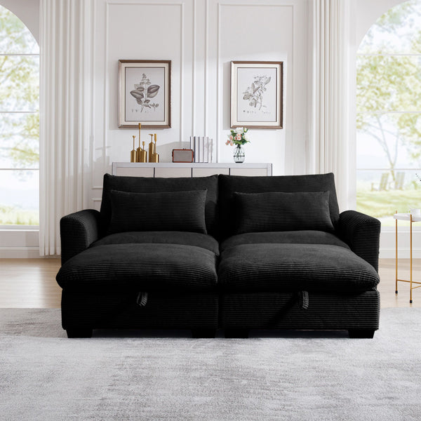 Corduroy Two-Seater Sofa with 2 Storage Footrest,2 Seater Sectional deep seat sofa,Comfy Couches for Living Room,Black Sofa