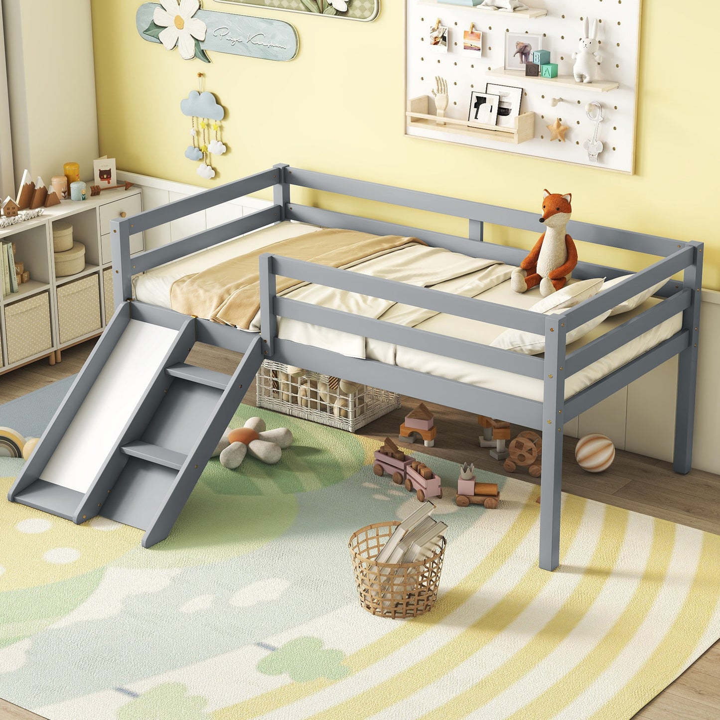 Twin Low Loft Bed with Slide, Ladder, Safety Guardrails, No Box Spring Needed,Grey