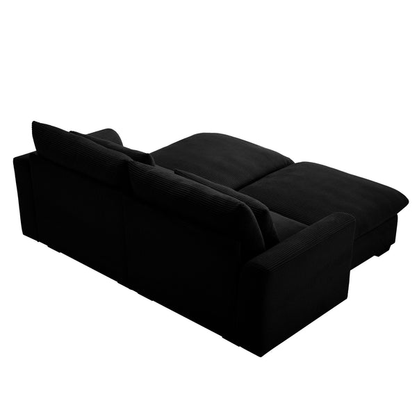 Corduroy Two-Seater Sofa with 2 Storage Footrest,2 Seater Sectional deep seat sofa,Comfy Couches for Living Room,Black Sofa