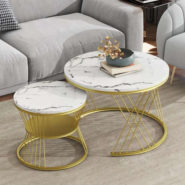 [VIDEO provided] ON-TREND Φ27.5'' & Φ17.7'' Nesting Coffee Table with Marble Grain Table Top, Golden Iron Frame Round Coffee Table, Set of 2, for Living Room, Balcony, White