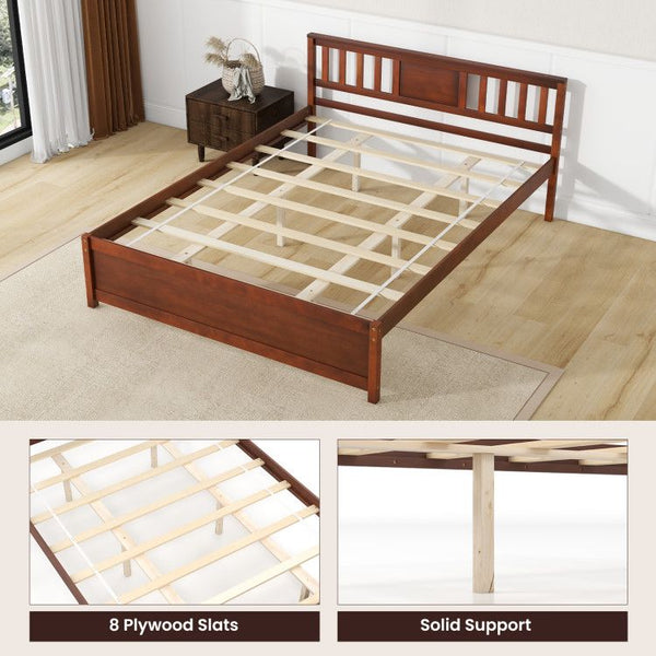 Wooden Platform Bed with Headboard and Wood Slat Support