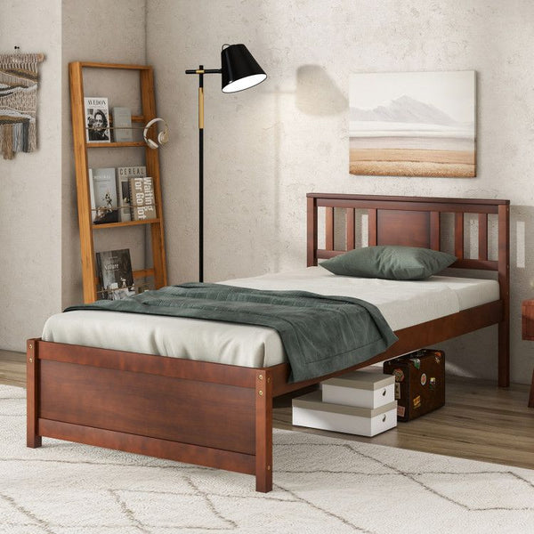 Wooden Platform Bed with Headboard and Wood Slat Support