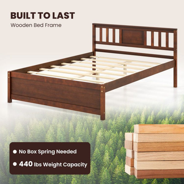 Wooden Platform Bed with Headboard and Wood Slat Support