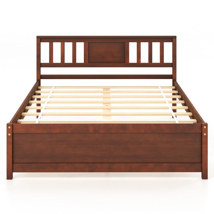 Wooden Platform Bed with Headboard and Wood Slat Support