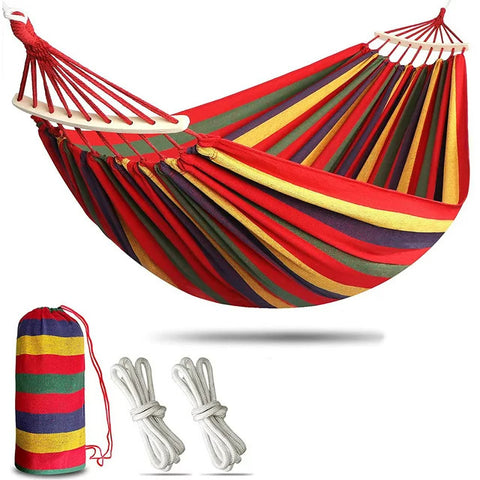 Double Hammock 2 people, With Two Anti Roll Balance Beam, Canvas Cotton Hammock with Carrying bag Travel, Beach, Backyard etc (Rainbow Stripes)
