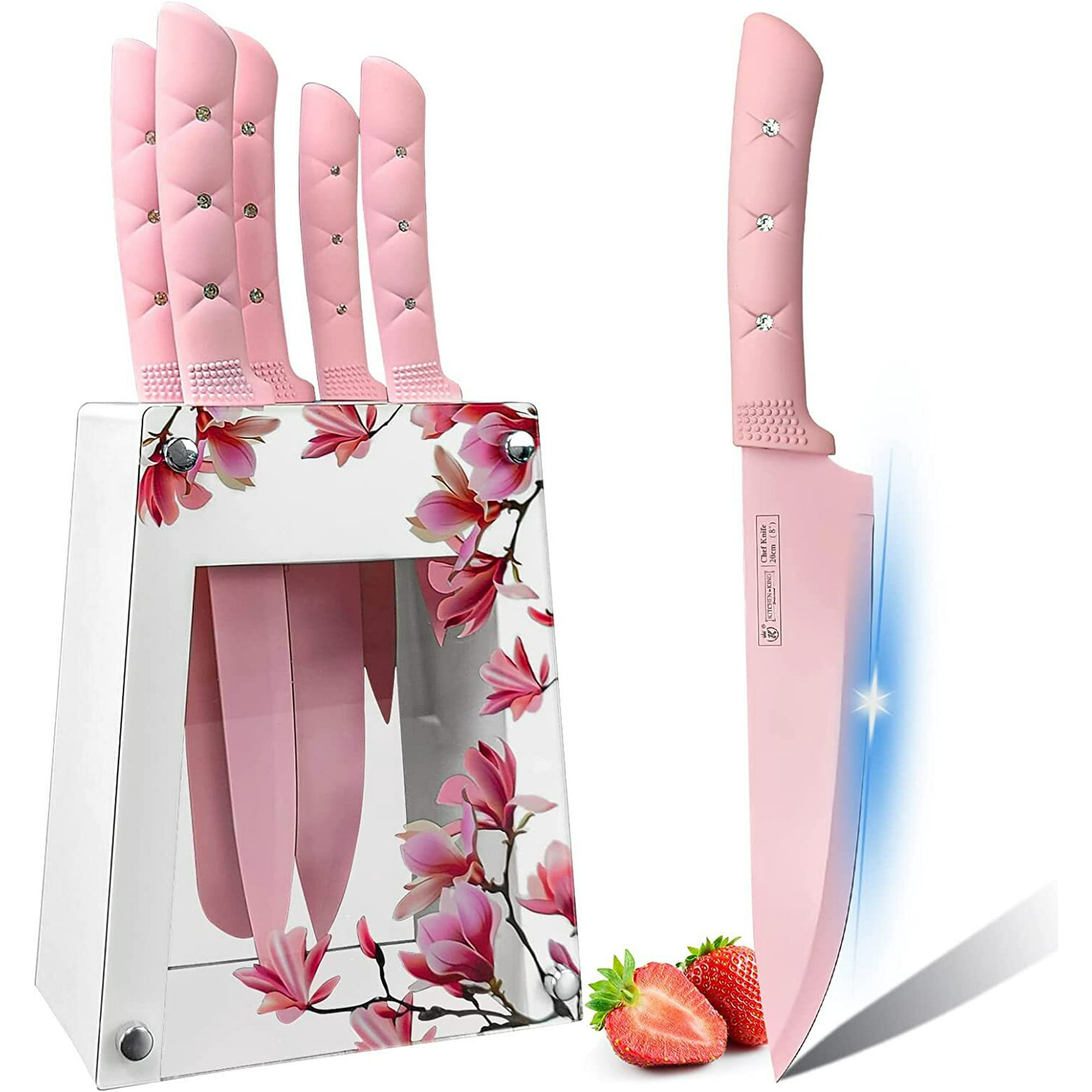 Kitchen Knife Set,Pink Flower 6PC Stainless Steel Sharp Chef Knife Set with Acrylic Stand, Cooking Non-slip Knife Set with Block, Non-stick Colorful Coating Gift for Women Girls