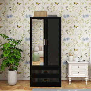 Modern Wooden Armoire Wardrobe Closet with 2 Doors, Hanging Rods, 2 Drawers, Mirror, Shelving for Bedroom Large Capacity Clothes Storage Wardrobe Black 31.5" W x 19.69" D x 70.87" H