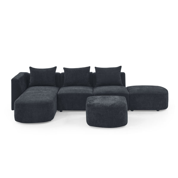 L Shape Sectional Sofa including Two Single Seats, Left Side Chaise and Two Ottomans, Modular Sofa, DIY Combination, Loop Yarn Fabric, Black