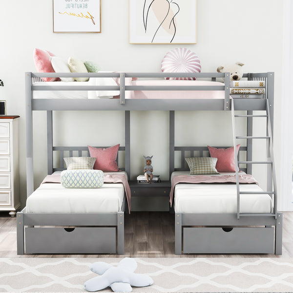 Full Over Twin & Twin Bunk Bed, Wood Triple Bunk Bed with Drawers and Guardrails, Gray (OLD SKU: LP000143AAE)