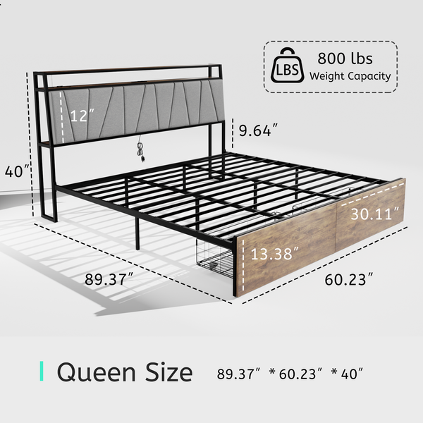 Queen Bed Frame with RGB Lights, 2 Drawers, Headboard and Fast Charger - Rustic Brown, Easy Assembly with Storage, No Box Spring Needed