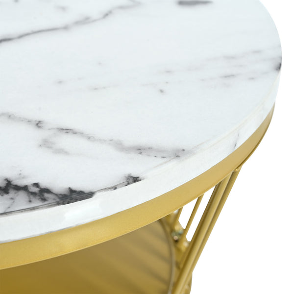 [VIDEO provided] ON-TREND Φ27.5'' & Φ17.7'' Nesting Coffee Table with Marble Grain Table Top, Golden Iron Frame Round Coffee Table, Set of 2, for Living Room, Balcony, White