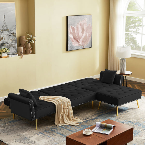 Modern Velvet Upholstered Reversible Sectional Sofa Bed ; L-Shaped Couch with Movable Ottoman and Nailhead Trim For Living Room. (Black)