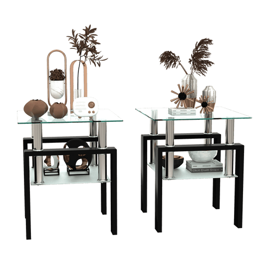 Set of 2, Modern Tempered Glass Tea Table Coffee Table End Table, Square Table for Living Room, Transparent/Black