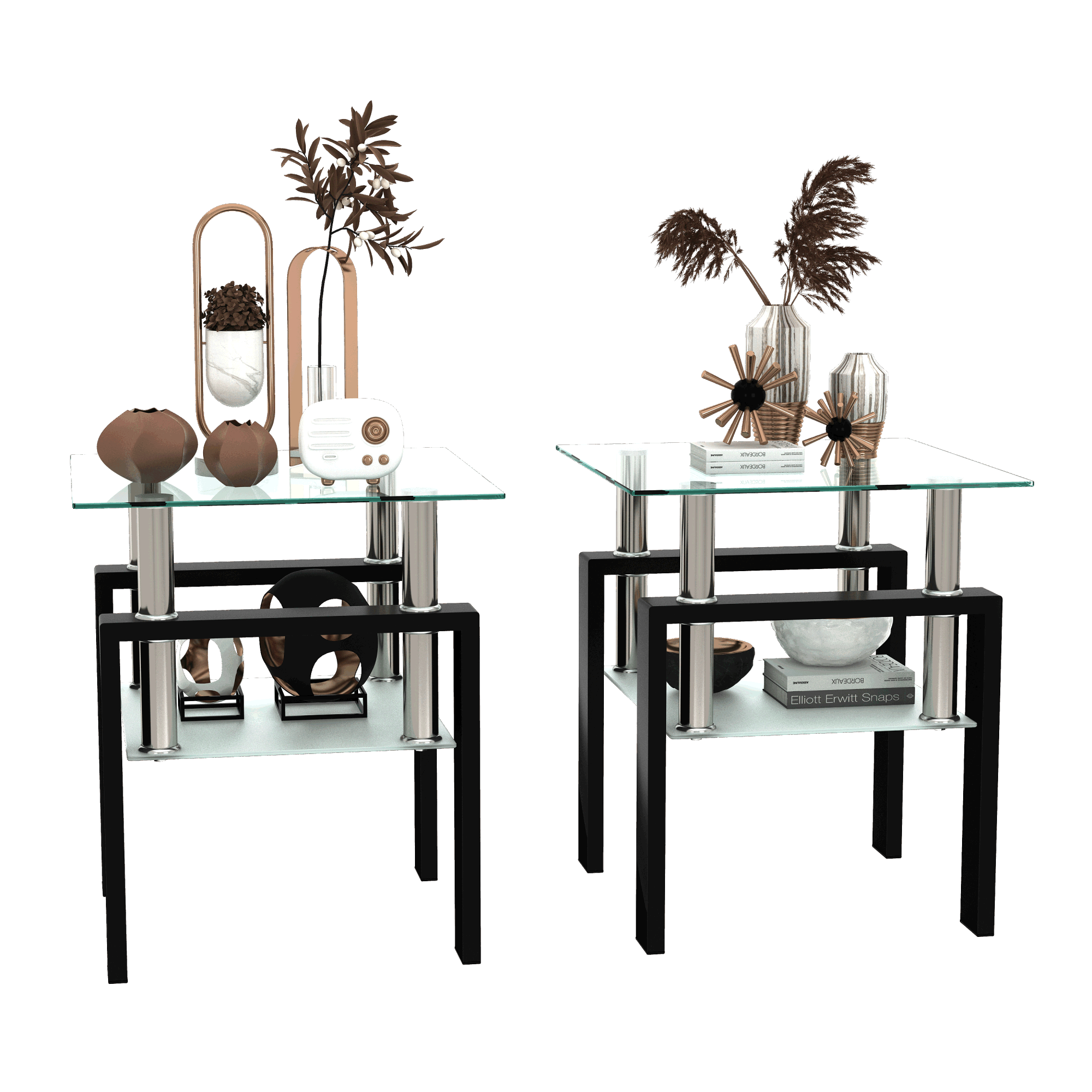 Set of 2, Modern Tempered Glass Tea Table Coffee Table End Table, Square Table for Living Room, Transparent/Black